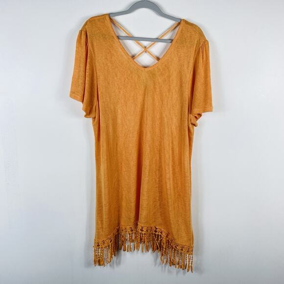 Avenue Plus Size 18 20 Short Sleeve Fringe Hem Cross Back Tunic Top Orange - Picture 1 of 7